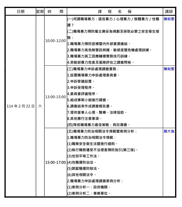 114年2月全國場職場暴力防治實務技巧訓練暨案例分析進階班課程